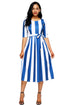 Sexy Blue Stripe Print Half Sleeve Belted Dress